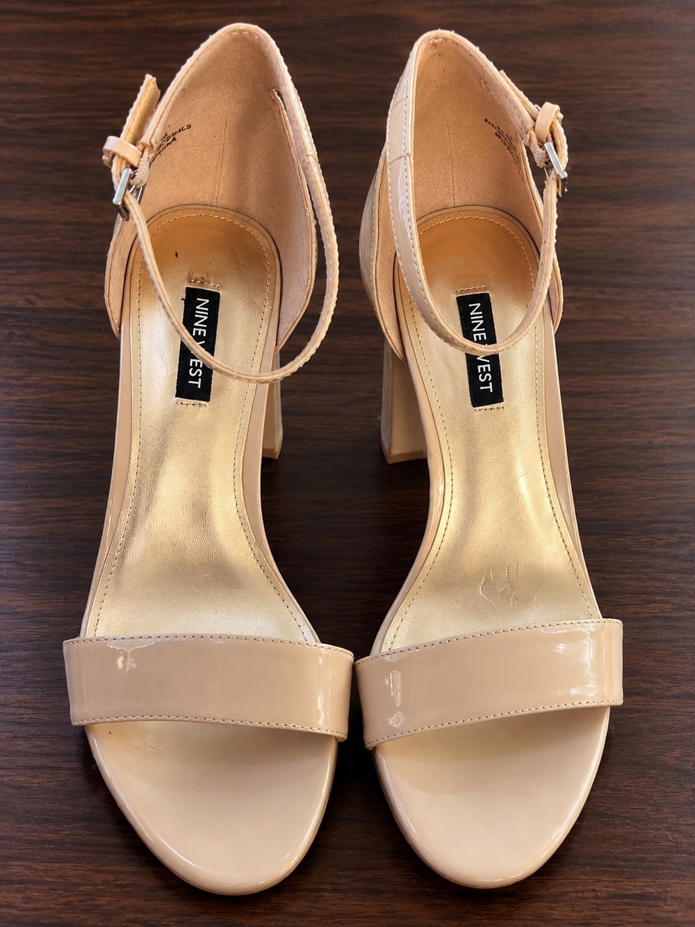 Nine West Nude Patent Ankle-Strap Block Heels